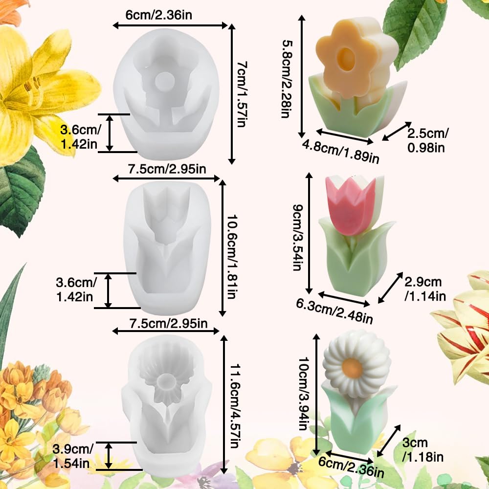 Moules à Bougies Tulipes 3D En Silicone - 3 Formes Fleurs Pour DIY