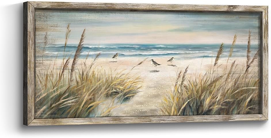 Beach Ocean Painting Wall Art: Framed Coastal Picture Wooden Sea Bird Print Seaside Sand Seascape Artwork Decor for Living Room Bedroom Bathroom 24x12 inch Beach 03 24L" x 12W"
