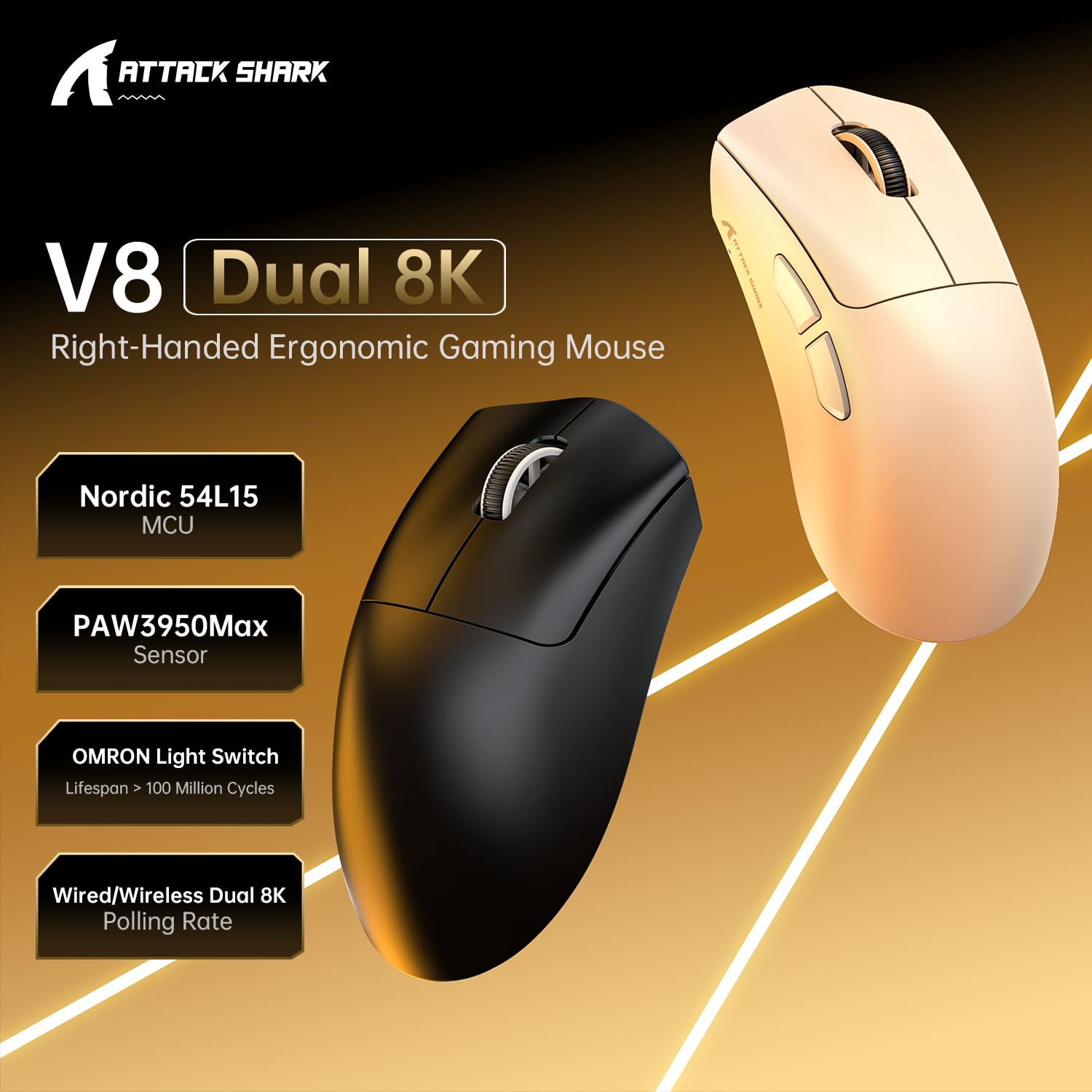 MAMBASNAKE x Attack Shark V8 Wireless Gaming Mouse, 59g Ultra-Lightweight, PAW3950MAX Sensor, Shark 8K Dongle, Tri-Mode (2.4G/Bluetooth/Wired), Right-Hand Ergonomic Design, Web-Based Software - 4
