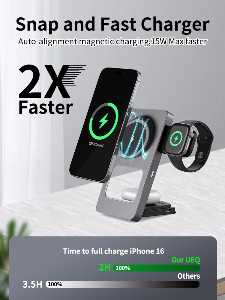 Estación de carga inalámbrica plegable 3 en 1 para iPhone, Apple Watch, AirPods, marco de aleación de aluminio, carga rápida de 15 W, soporte ajustable de 0 a 180° (gris)