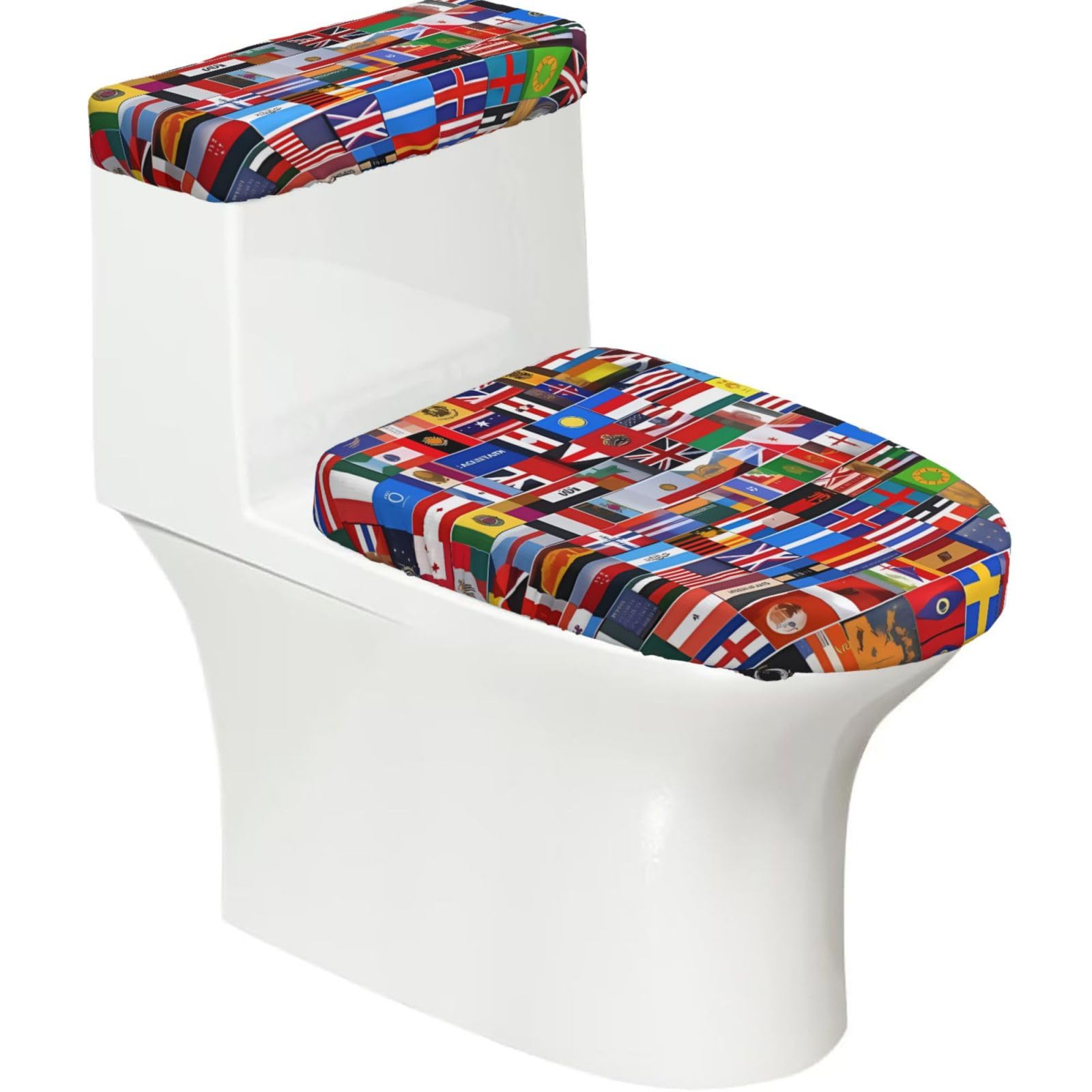 Various Flags 2-Piece Toilet Seat Cover Set with Tank Lid - Elastic for U-Shape & Elongated - Bathroom Decor