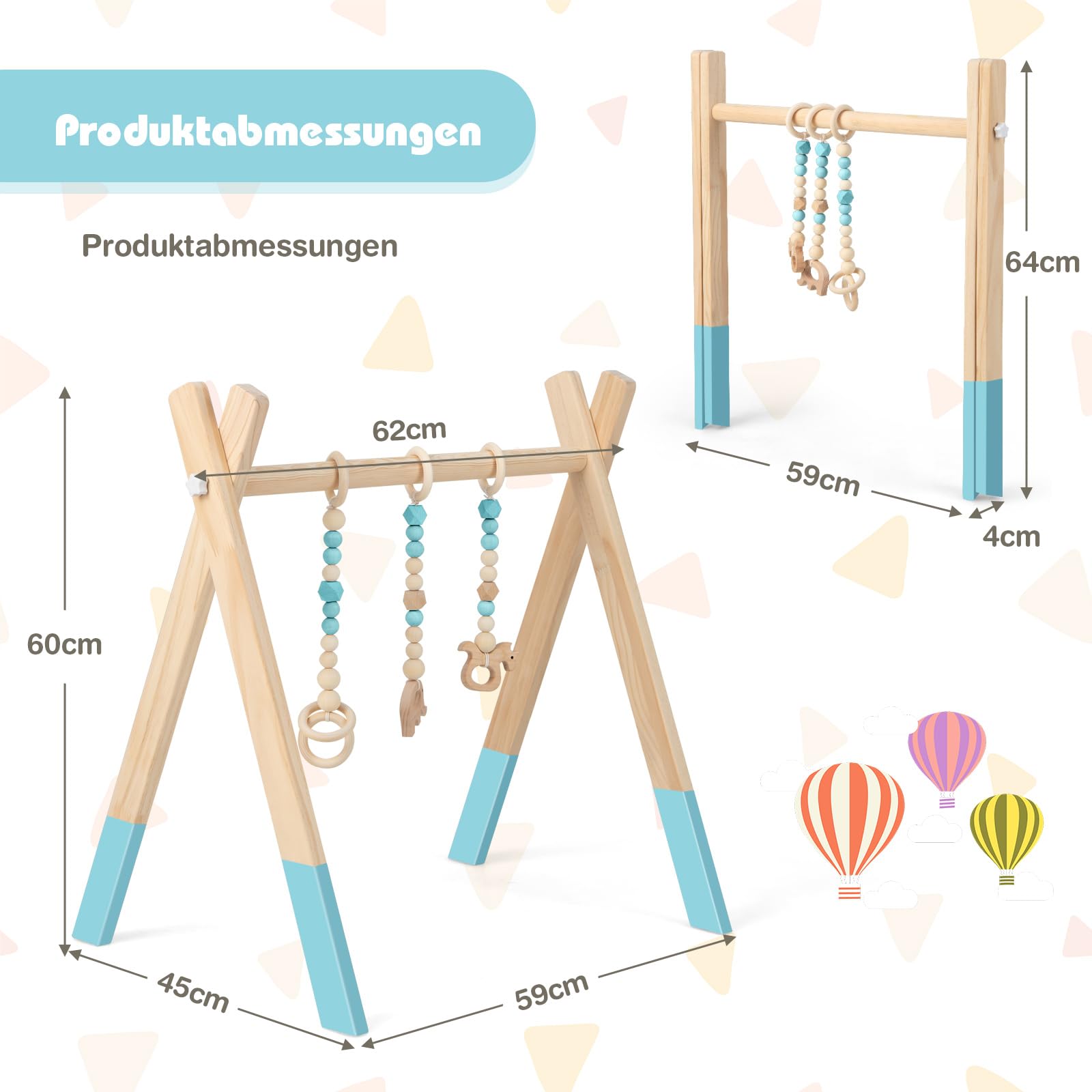 COSTWAY Baby Spielbogen Holz, Spieltrapez klappbar, Baby Gym mit 3 abnehmbaren Kinderspielzeugen, Spieltrapez für Babys über 3 Monate, Holzspielzeug zur Gehirnentwicklung (Grün)