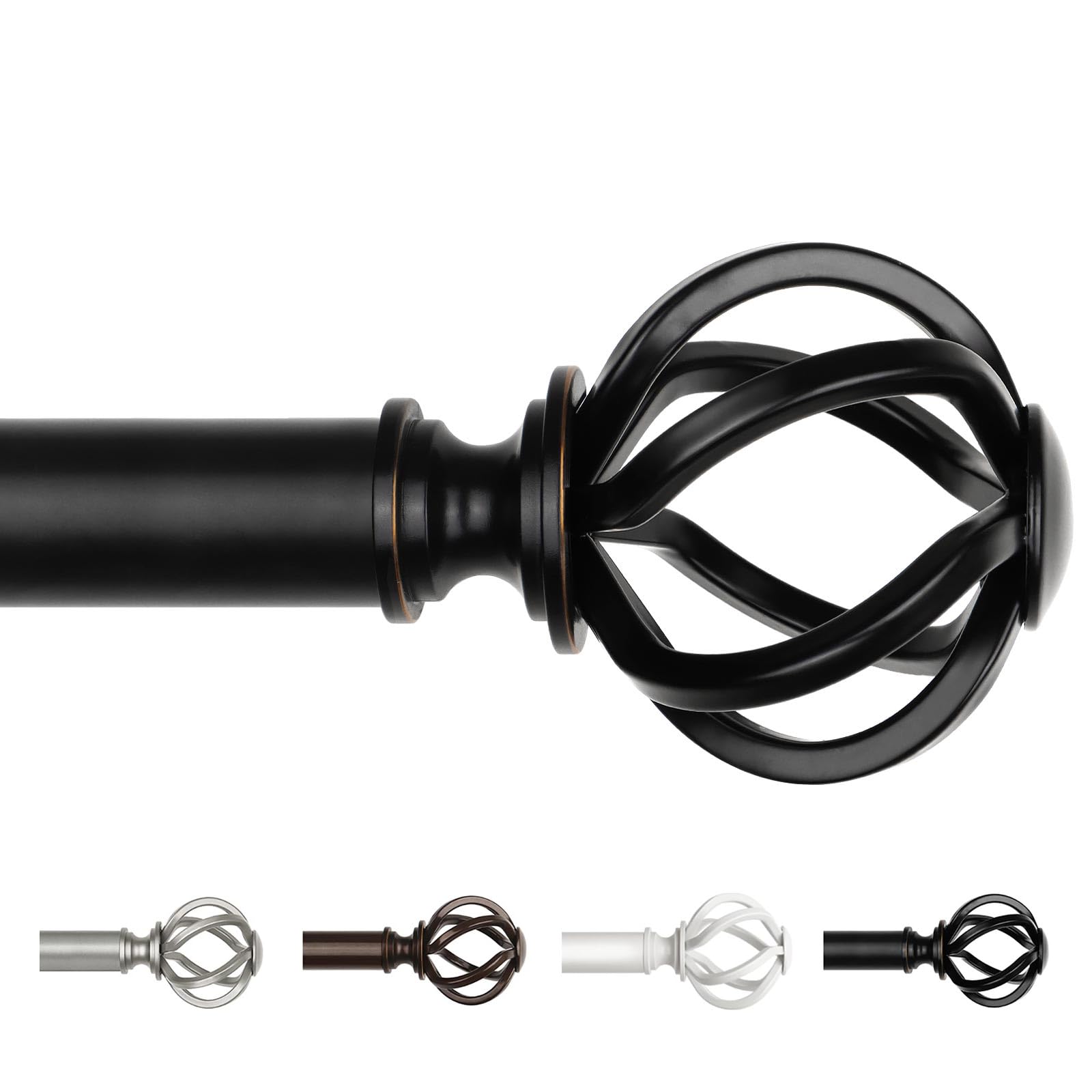 Black Curtain Poles for Eyelet Curtains, USFOOK 22 mm Voile Curtain Pole 80 to 218 cm, Metal Extendable Curtain Rods with Twisted Cage Finials