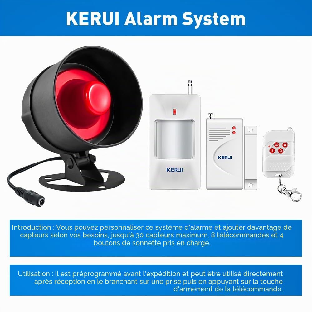 Alarme Maison sans Fil, Alarme Maison avec115dB Sirène Alarme Porte Télécommande Detecteur de Mouvement Ring Alarm Système de Sécurité Kit pour Alarme Garage/Voiture/Appartement