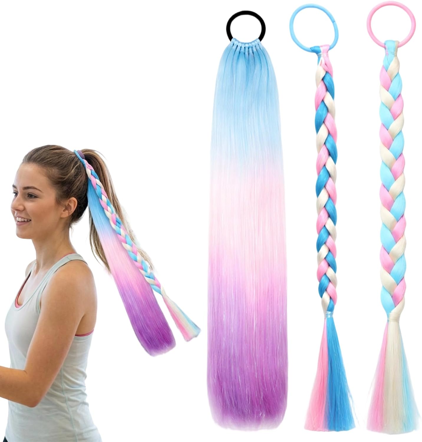 3PCS Rainbow Hair, Pre-Braided Hair Accessories with Elastic Loops, Colourful Synthetic Plaits for Various Hairstyles and Party Outfits, Festival Appearances and Creative Play Sessions