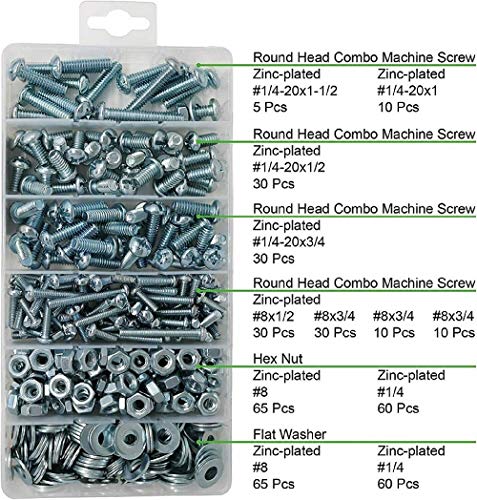 T.K.Excellent Machine Screw and Hex Nut and Flat Washer #8-32 to #1/4-20 Phillips-Slotted Round Head Combo Drive Bolt Assortment Kit,405 Pcs