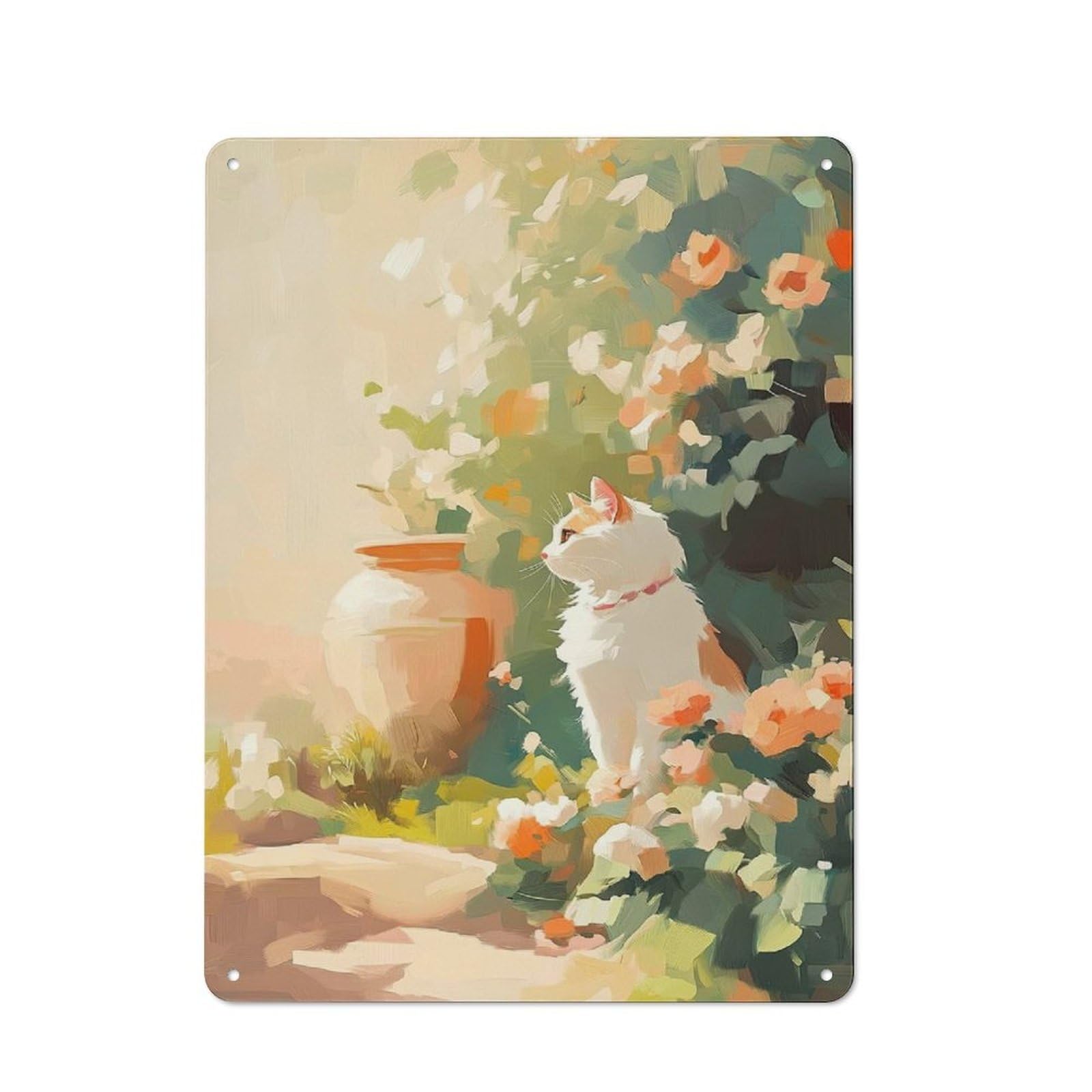 Tin Wall Plaque 40x30cm with Cat in A Garden for Workshop Wall, Suited to Makers And DIY Enthusiasts