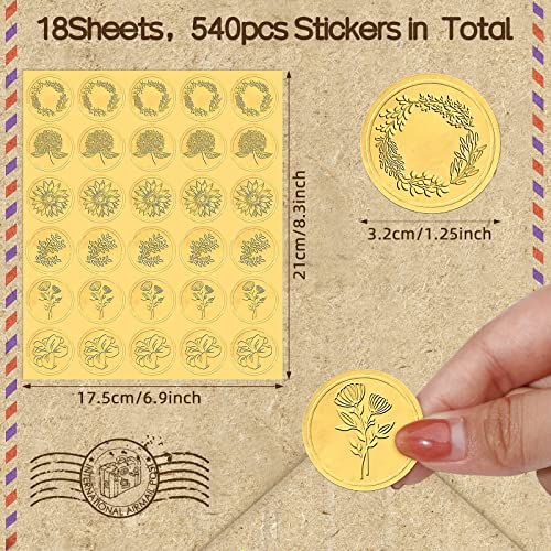540 Pieces Gold Wax Seals Stickers Embossed Envelope Seal Stickers Gold Foil Self Adhesive Wax Stickers For Wedding Greeting Cards Invitations Party Certification, 6 Patterns (Flower) #TOP1