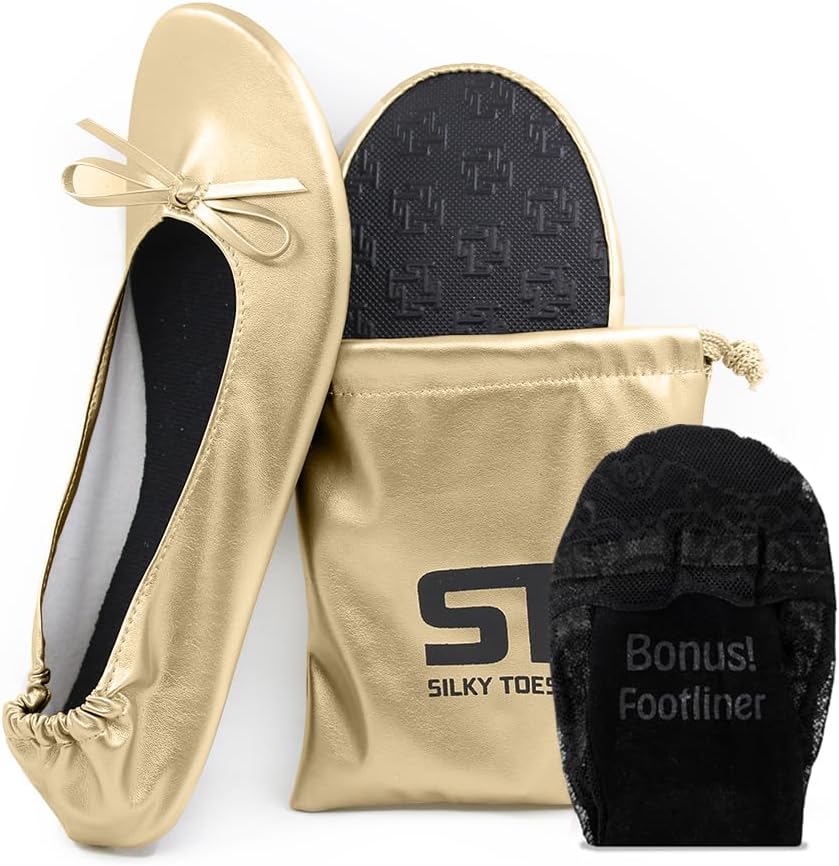 Women’s Foldable Ballet Flats – Portable Roll-Up Slippers for Purse, Travel, or Events – Comfortable Ballerina Shoes (Gold, Large)