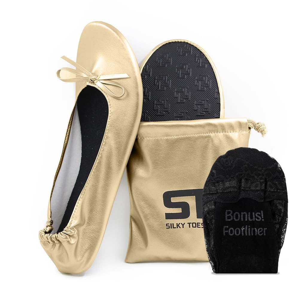Women’s Foldable Ballet Flats – Portable Roll-Up Slippers for Purse, Travel, or Events – Comfortable Ballerina Shoes (Gold, Large)