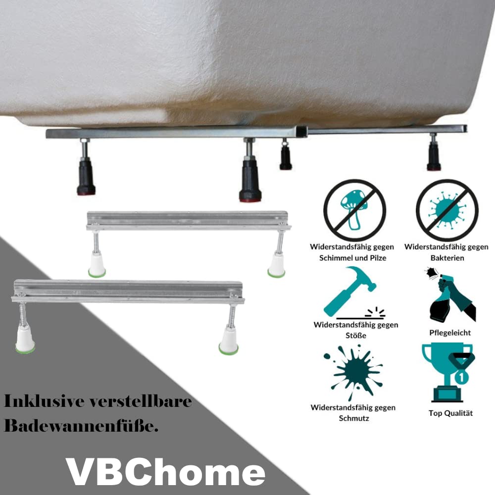 VBChome Acryl Badewanne 170x70 cm Weiß Rechteck Wanne Siphon Wannenfüße Design Modern Ablaufgarnitur in Chrom