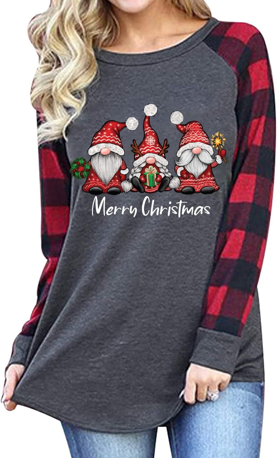 Gnome Christmas Shirt Women Funny Graphic T-Shirt Gnome Tee Raglan Baseball Tops Holiday Clothes