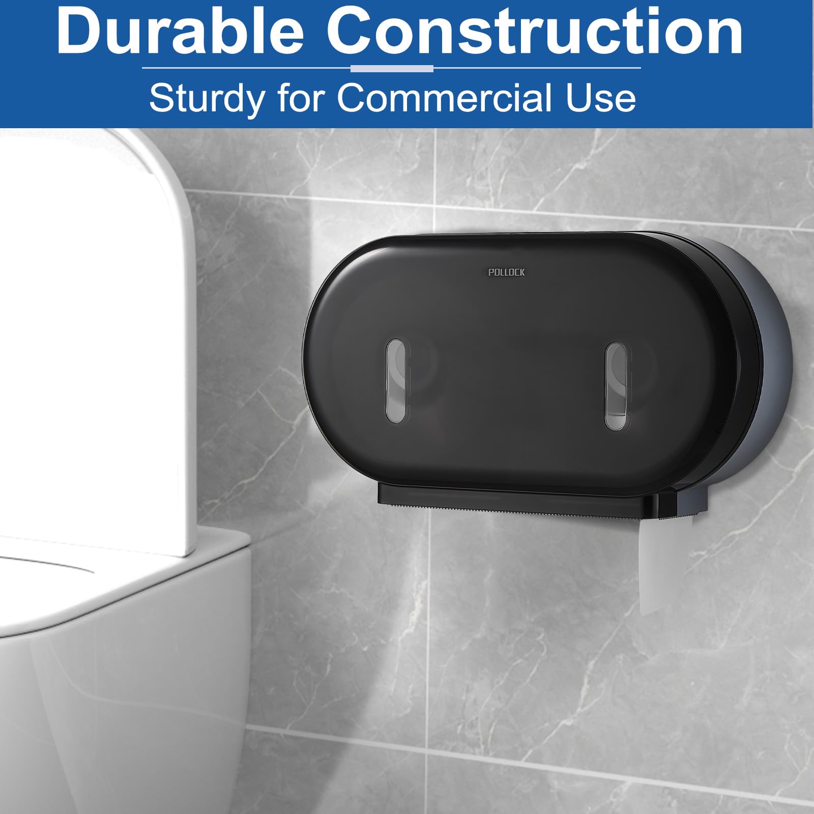 Pollock Distributeur Murale Double pour Papier Toilette Rouleau, Grand Distributeur Industriel de Rouleaux de Papier Toilette, Très Grande Capacité, sans Perçage, pour Locaux Commerciaux, Noir