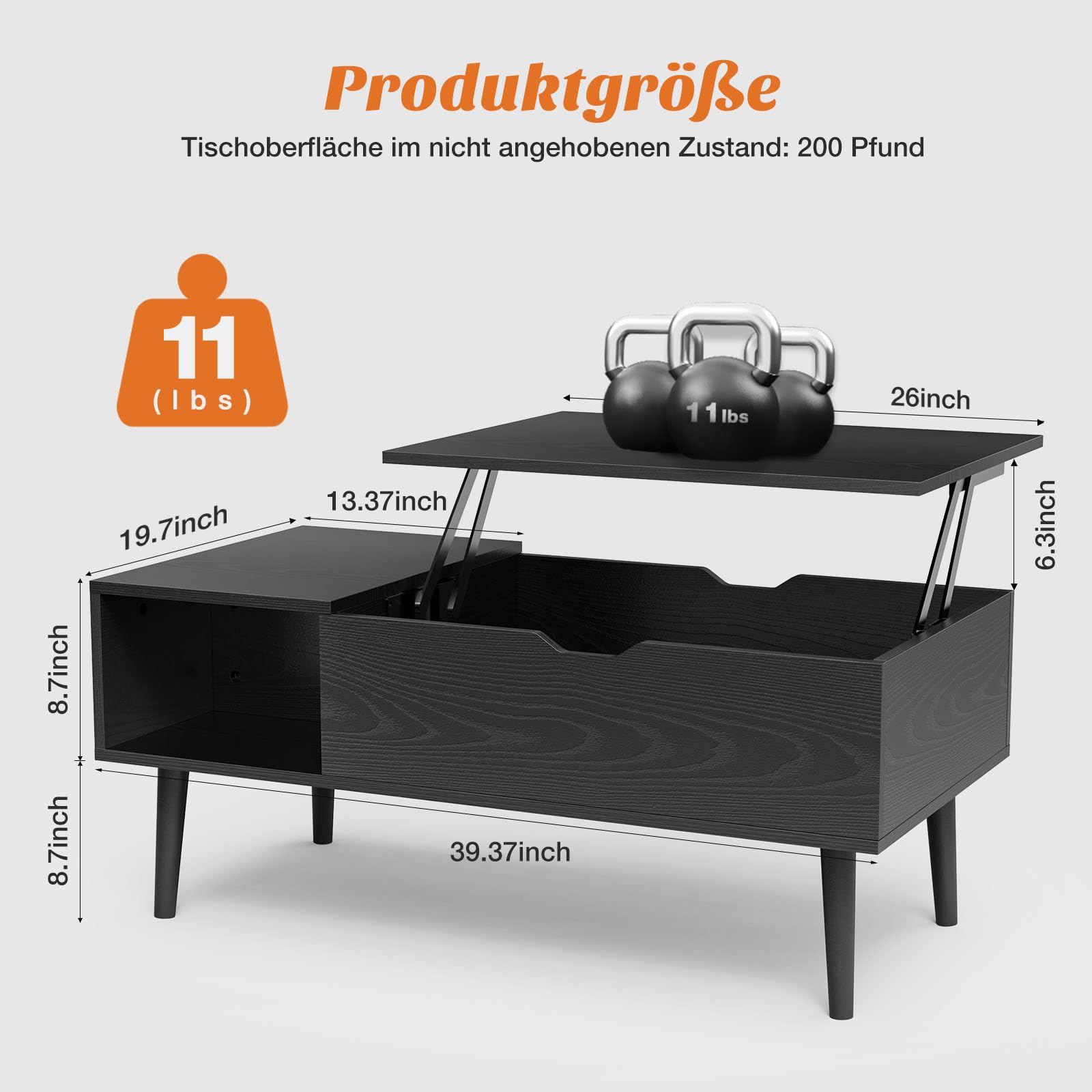 Sweetcrispy Couchtisch Höhenverstellbar, Tisch Wohnzimmertisch, offener und versteckter Stauraum Couchtisch, Sofatisch Beistelltisch, 100 x 50 cm Sofatisch aus Holz für Wohnzimmer, Schwarz
