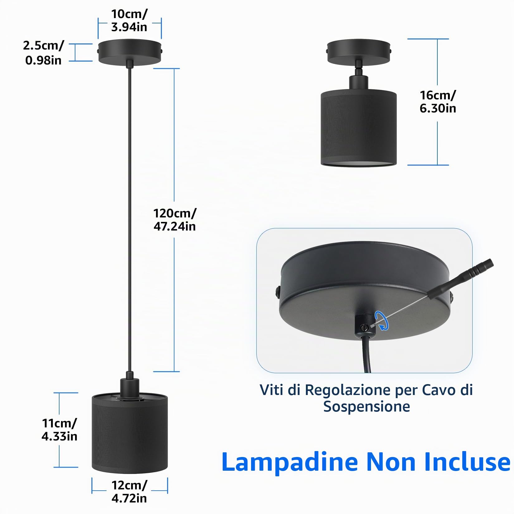 Klighten 3Pcs Lampada a Sospensione E14, Design Moderno, Regolabile in Altezza, Lampadario a Sospensione Semplice per Tavolo da Pranzo Soggiorno Cucina, 40W Max, Lampadina non Inclusa, Nero
