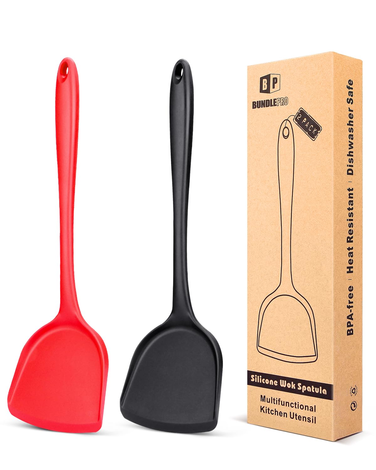 Pack of 2 Silicone Wok Spatula, Non-Stick, Heat, Stain and Odor Resistant, Easy to Clean and Dishwasher Safe, Seamless Kitchen Utensil for Cooking, Baking, Stir-Fry (Black-Red)