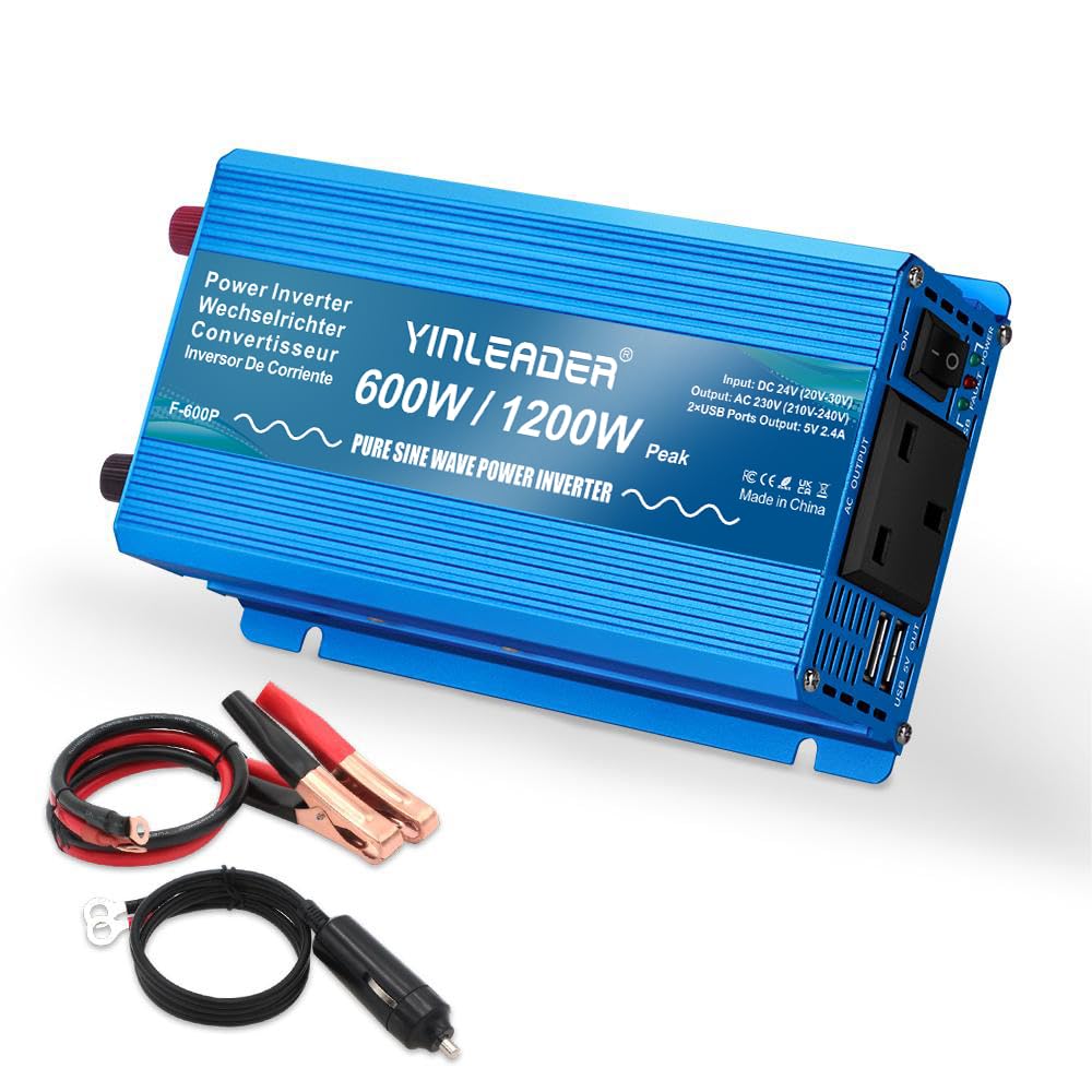 Pure Sine Wave Inverter 1200W Peak DC 24V to 240V AC with 2 USB Ports and 1 AC Outlet