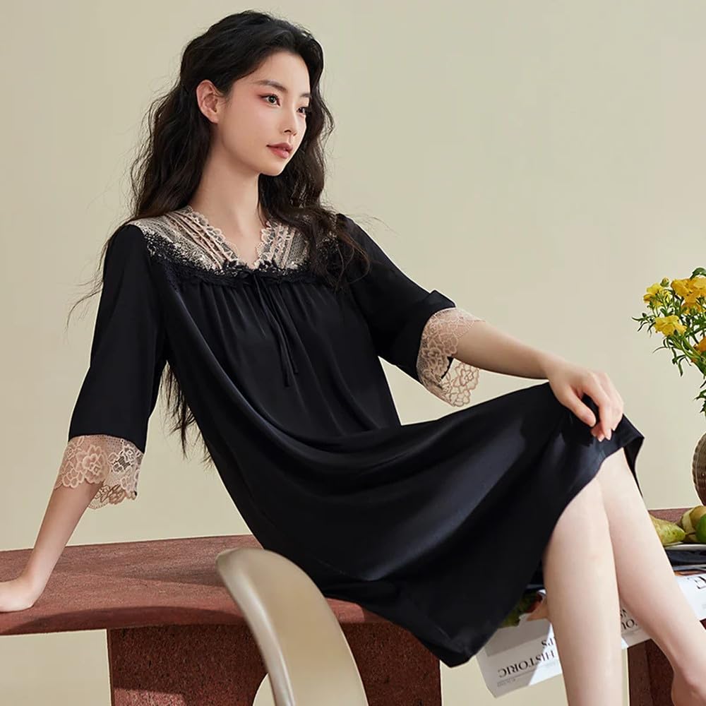 Camicia da Notte Donna - Camicie da Notte Lunghe Indumenti da Notte in Pizzo con Scollo A V Abito Estivo in Raso di Seta Femminile Camicia da Principessa A Mezza Manica Vestaglie da Donna