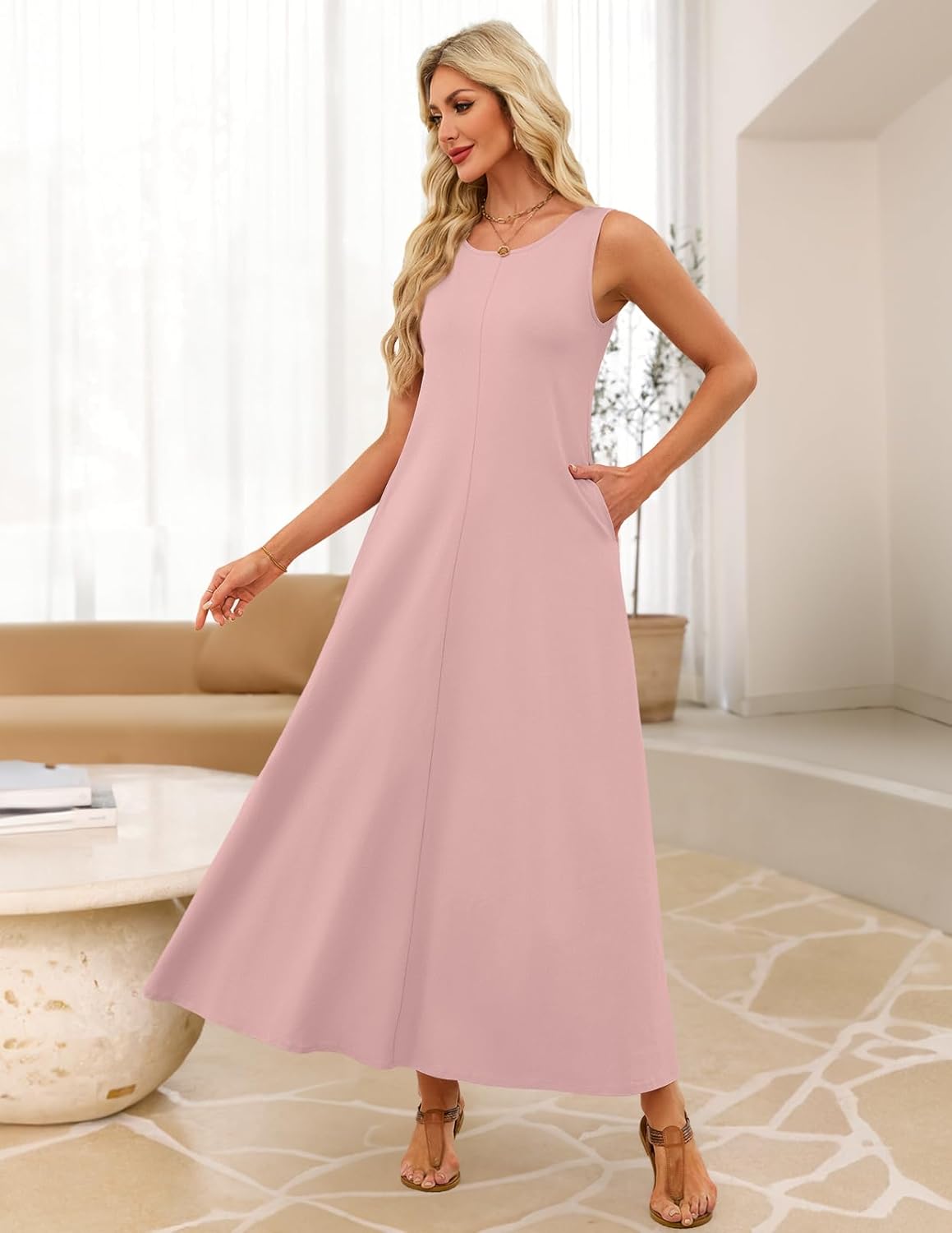 MEROKEETY Women's 2026 Summer Maxi Dress Sleeveless Crewneck Casual Loose Beach Vacation Basic Long Sundress - Image 4