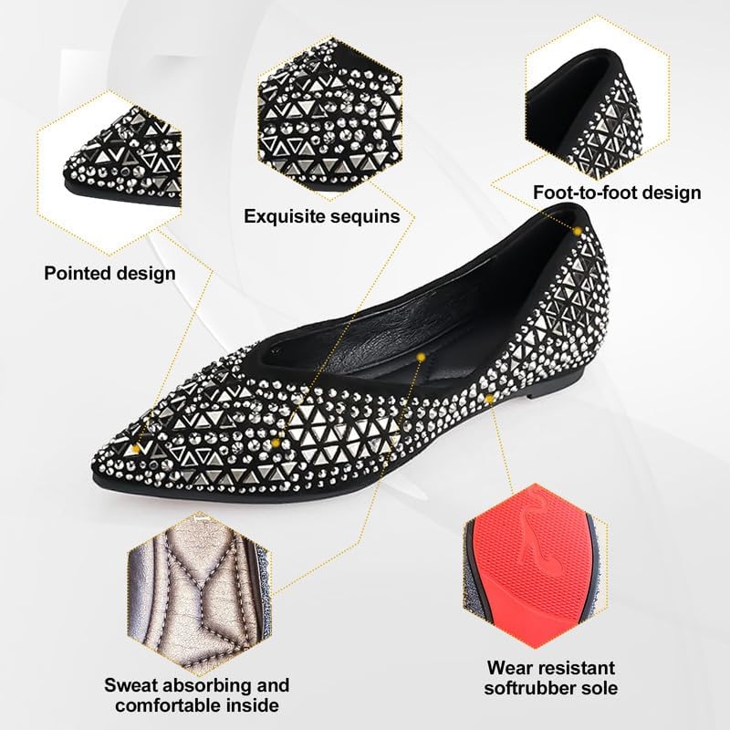 Women's Pointed Rhinestone Flat Shoes Wedding Comfortable Soft Memory Foam Insole Flat Shoes for Women Comfortable Dress Shoes 9.5 Black4