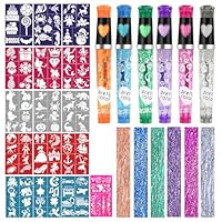 HOWAF 6 Colours Tattoo Pens for Skin, Glitter Tattoos for kids Temporary Tattoo Pens Kids Face Paint Body Markers and 110 Tattoo Stencils for Boys Teenage Girls Gifts Birthday Christmas Party