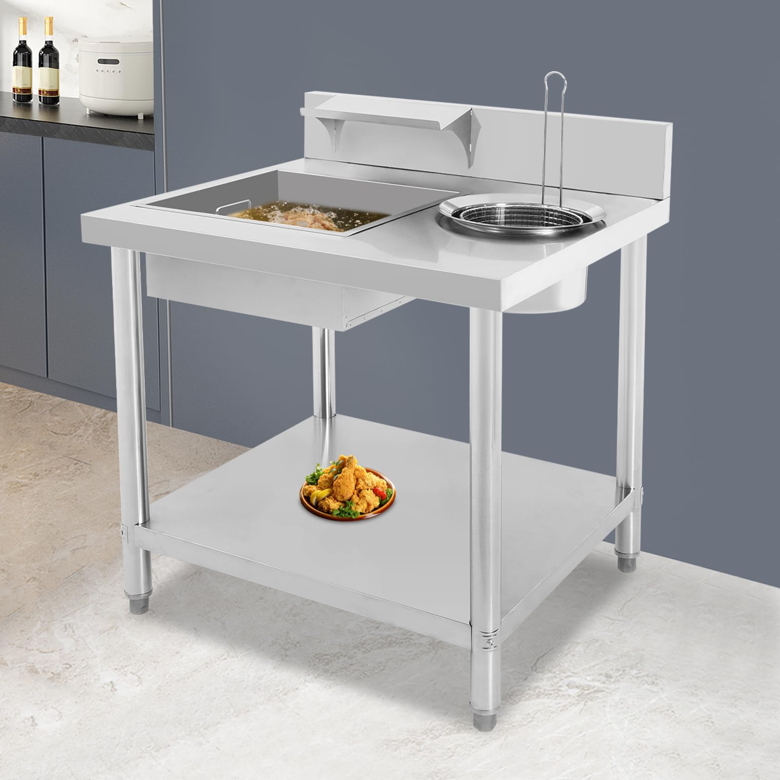 Mesa de pan Breeding Table, mesa de empanado de acero inoxidable con estante inferior, incluye recipiente y cesta, para pollo frito para restaurantes, hogares, hoteles