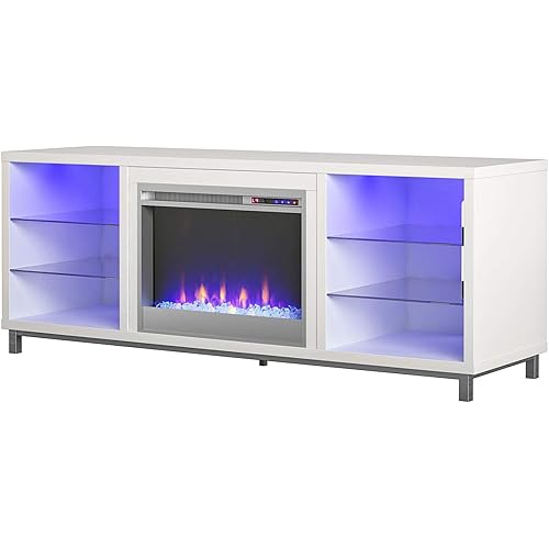 Ameriwood Home Lumina Fireplace TV Stand for TVs up to 70 Inch, Replaceable Electric Fireplace Insert Heater, Remote Control, Timer, Color Changing LED Lights, Crystal Ember Flames, White