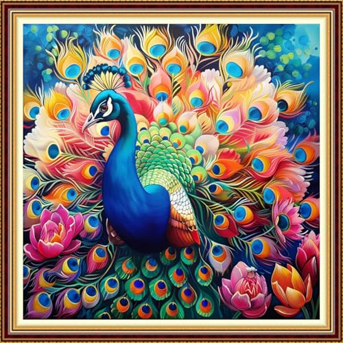 Image of Funchey Stamped Cross Stitch Kits, DIY Cross Stitch Pattern for Adults Beginners Needlepoint Kits Embroidery Kit Arts and Crafts 11CT-Colorful Peacock Flower 18x18 inchs