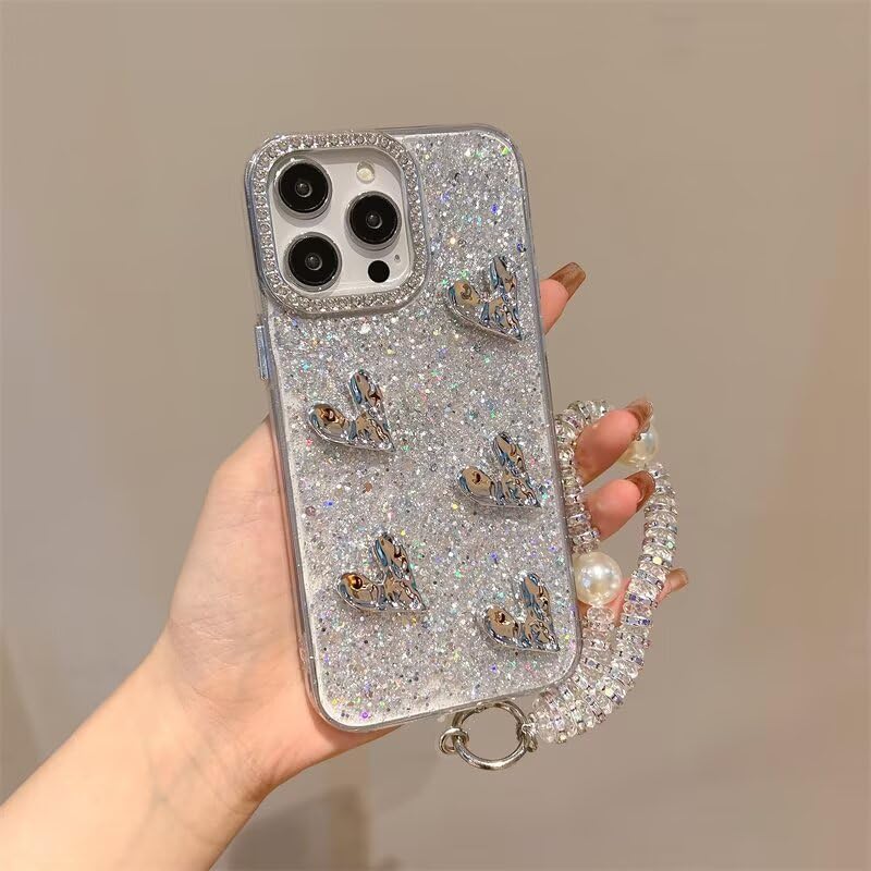 Glitter Phone Case for Oppo K12 5G / Oneplus NORD CE4, 3D Heart Bow Decor, Pearl Bracelet, Rhinestone Camera Frame, Women Girls Sparkly Shockproof Protective Cover-AX