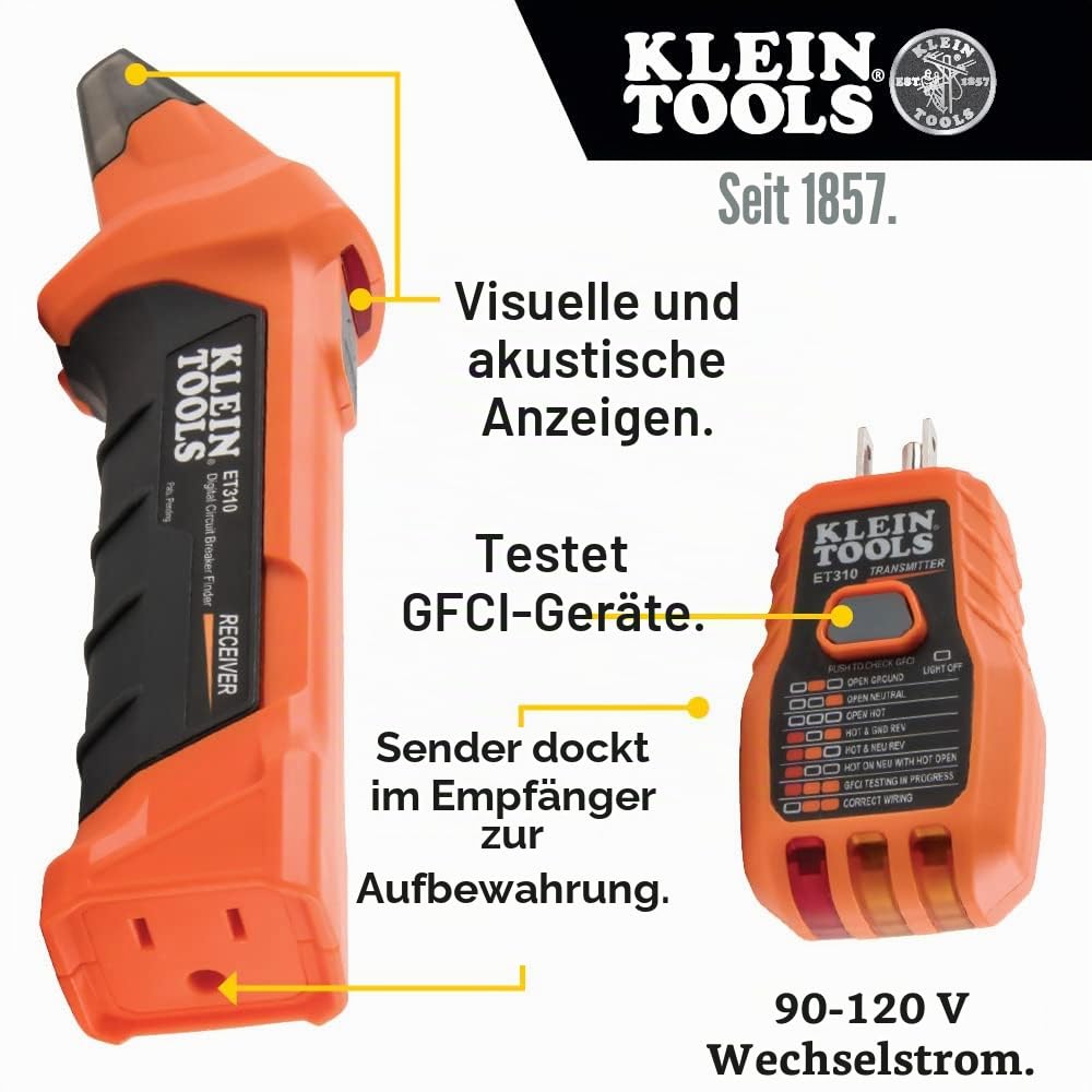 Klein Tools ET310KIT AC-Leitungsschutzschalter und Zubehör-Set mit elektrischem Tester, Spannungsprüfer, GFCI-Steckdosen-Tester, Leitungen, Adaptern und Koffer