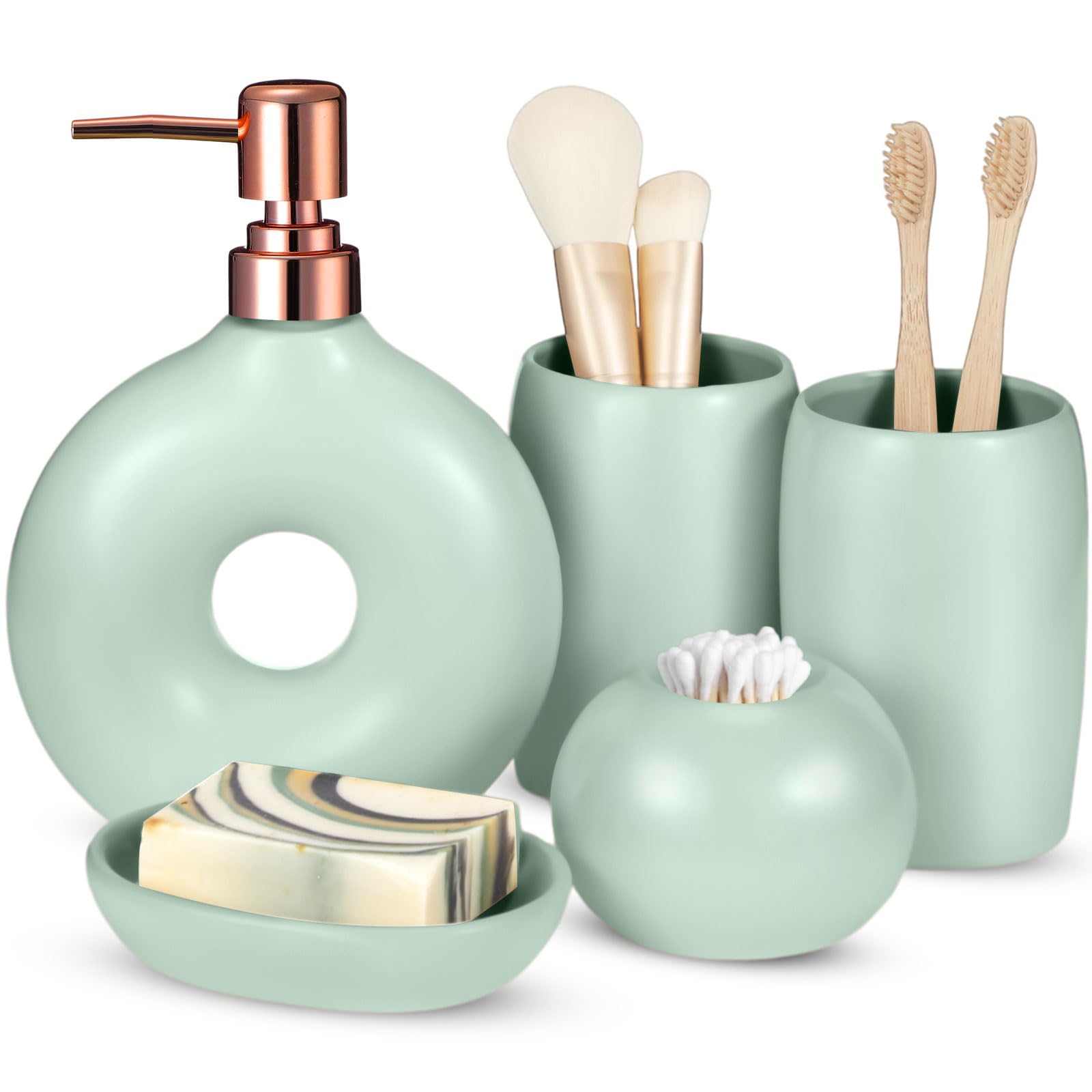 FoldTier Set da 5 pezzi di accessori da bagno in ceramica, include dispenser per sapone, portabicchiere per spazzolino, portasapone, elegante e moderno, decorazione da bagno in smalto opaco (verde)