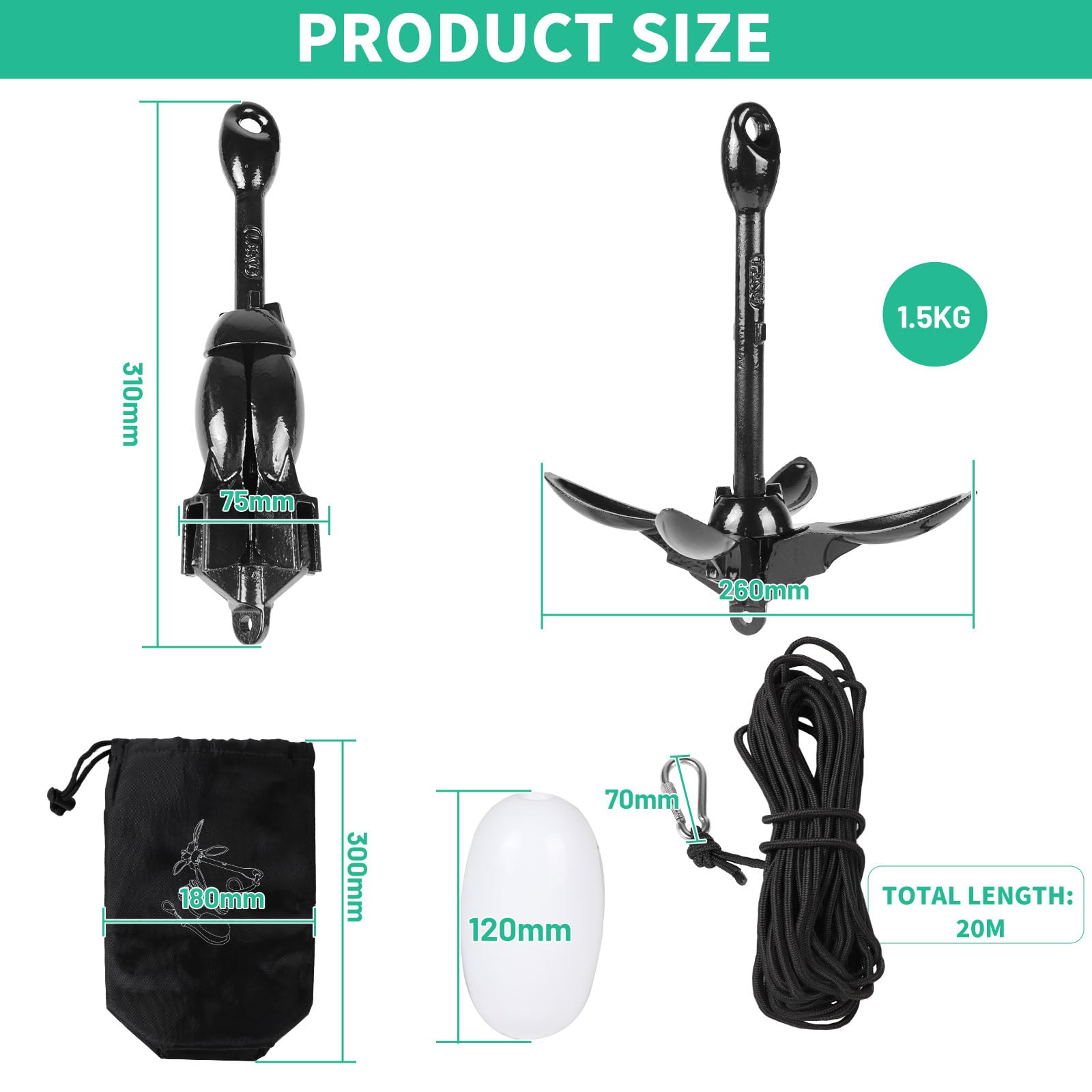 SWAWIS Anker Boot 1,5KG Bootsanker Bootszubehör Klappanker Sup Anker mit 20M Ankerleine Bojenkugel und Aufbewahrungstasche für Schlauchboot Belly Boot Tretboot Paddelboot, Schwarz