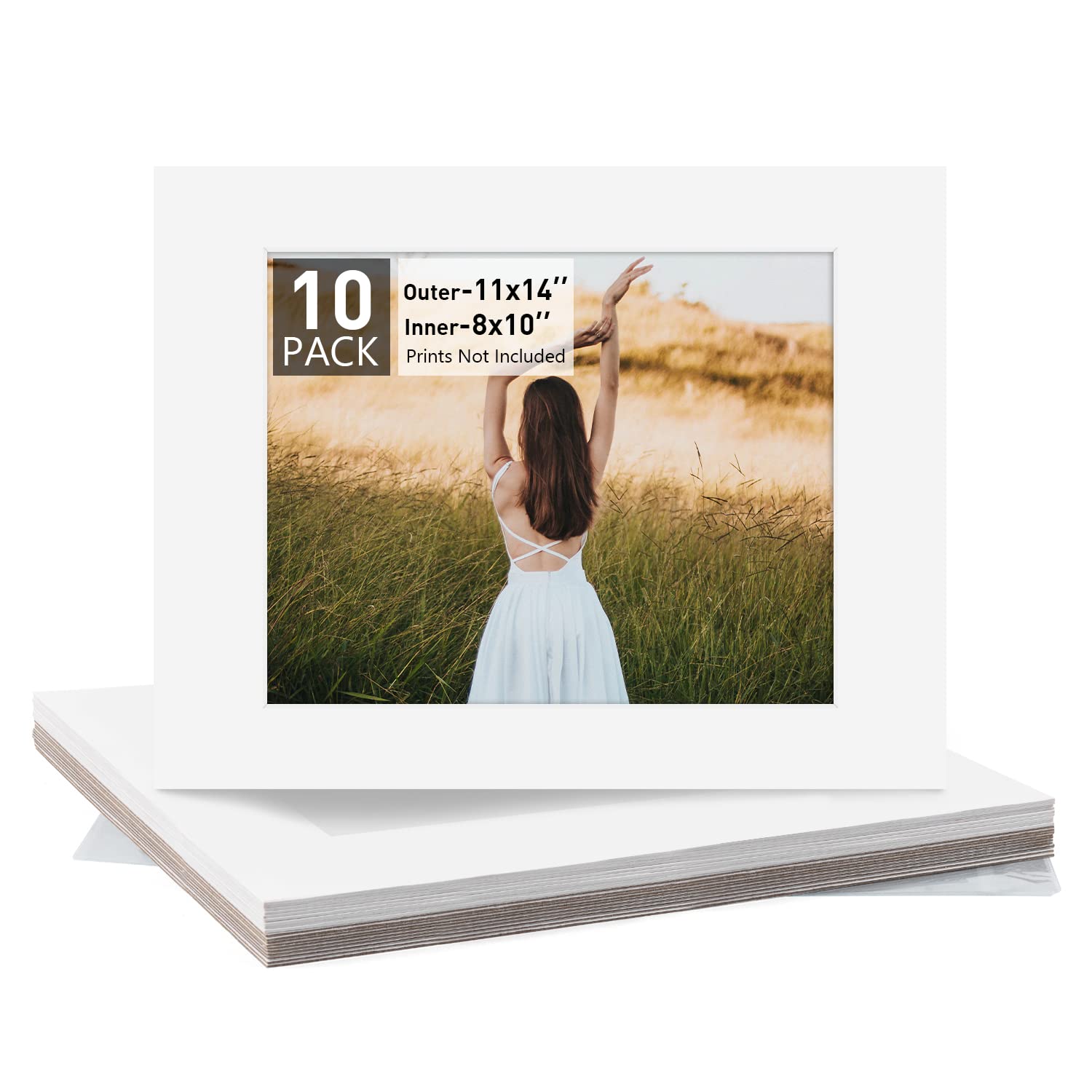 MBC MAT BOARD CENTER, Pack of 10-11x14 Pre-Cut 8x10 - White Mats - for Pictures, Photos, Framing - Kit Includes: 10 White Backboards and 10 Clear Bags - Acid Free, 4-ply Thickness, White Core