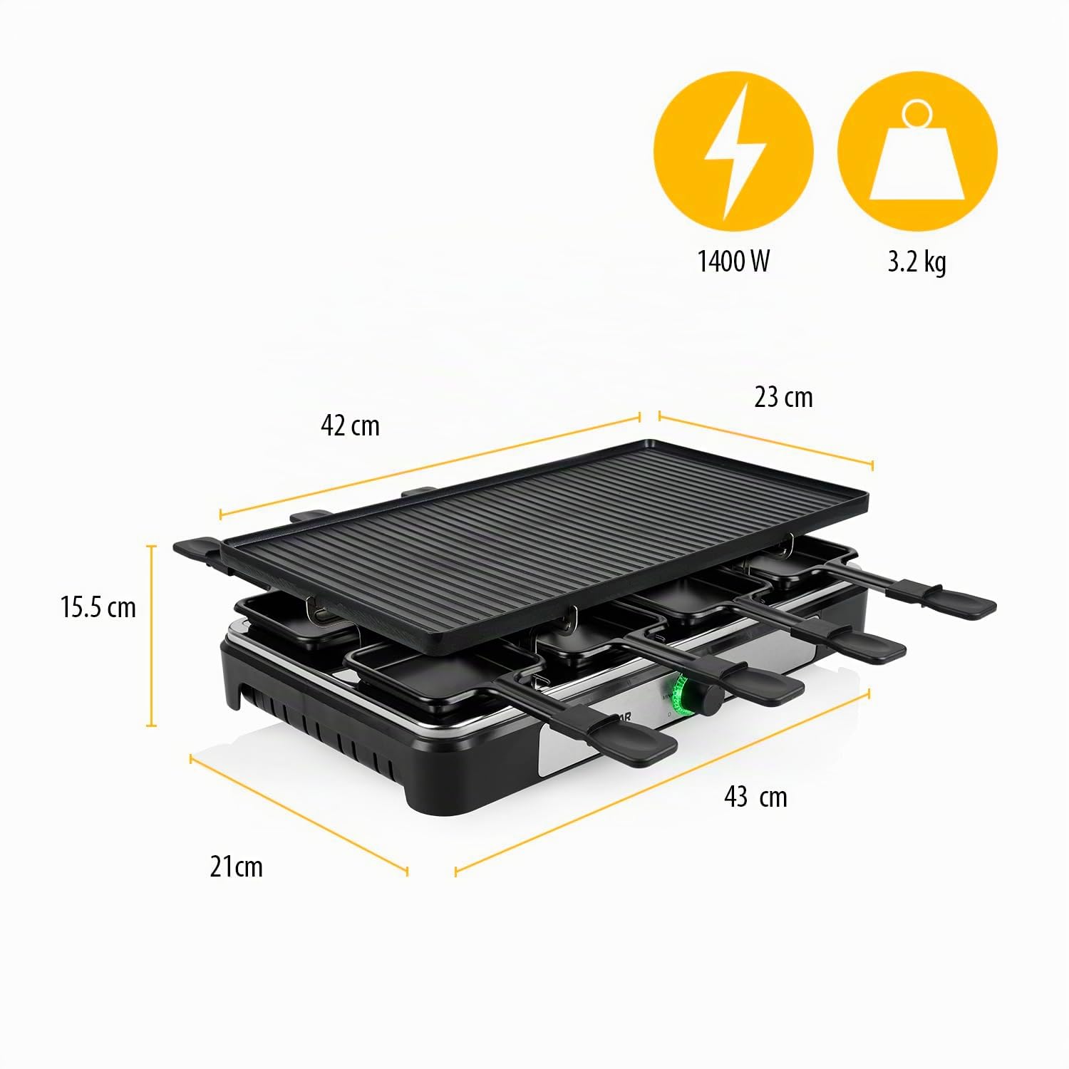 Tristar RA-2748 Raclette multifuncional 3 en 1; Raclette, piedra de cocción, grill, plancha/teppanyaki, Para 8 personas con 8 sartenes de raclette incluidas, 1400 W