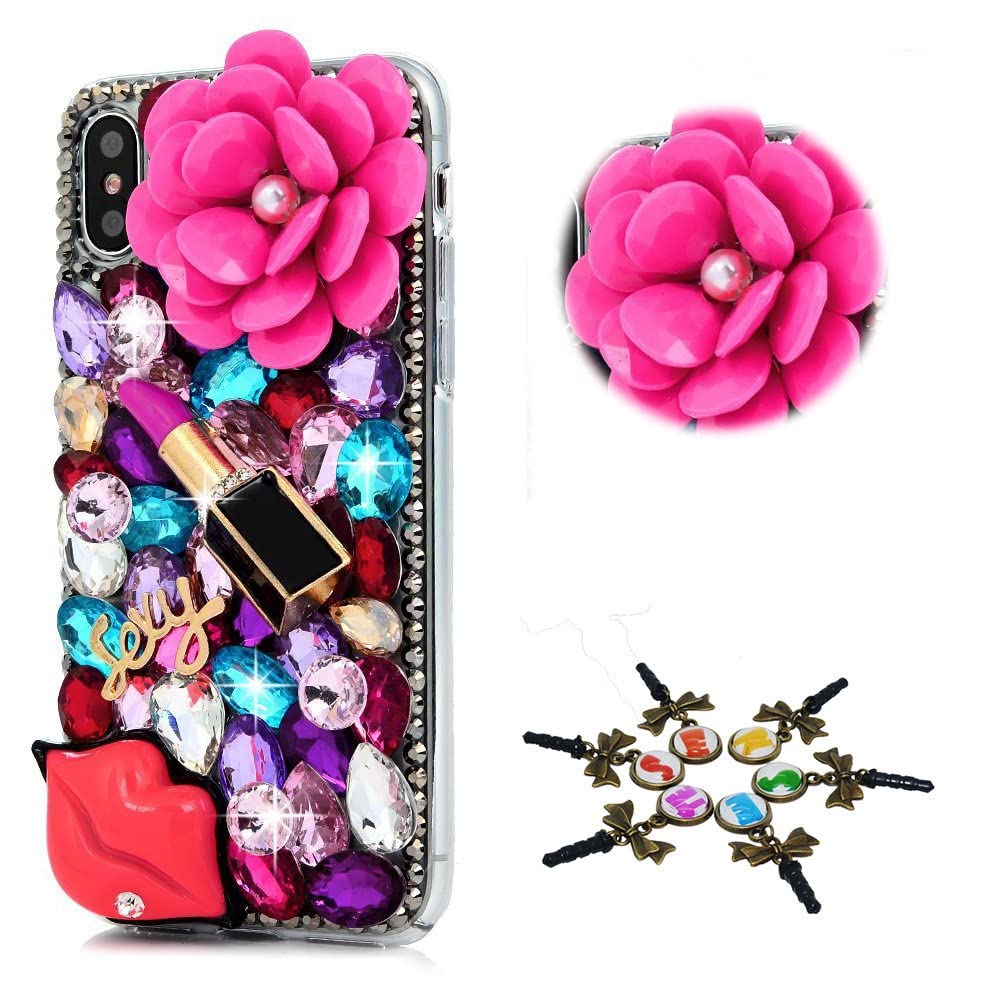 STENES Sparkle Case Compatible with iPhone 15 Plus Case - Stylish - 3D Handmade Bling Rose Lipstick Lips Flowers Rhinestone Crystal Diamond Design Girls Women Cover - Multi Colorful