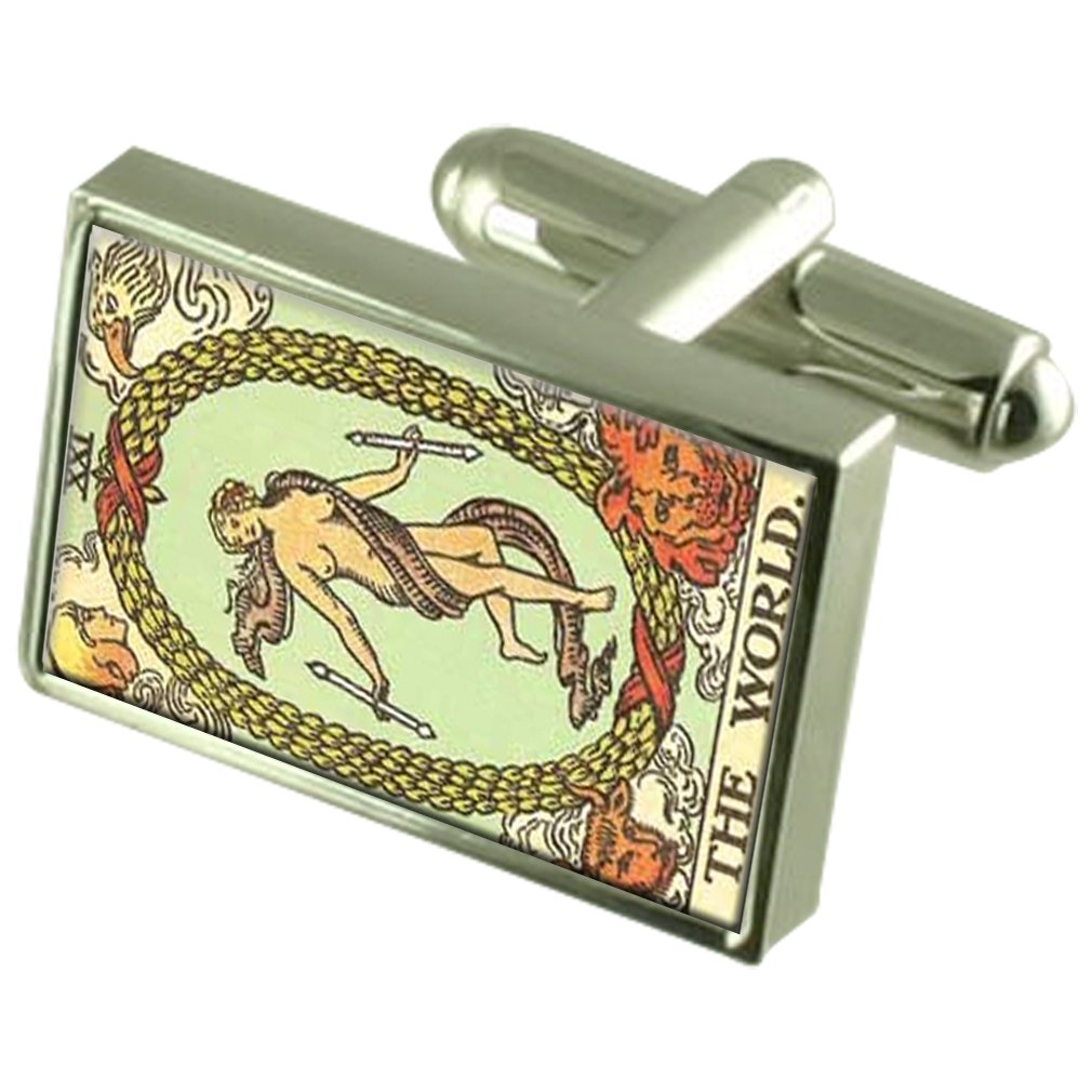 Tarot Welt Karte Manschettenknöpfe Crystal Krawattenklammer Bar Box Set eingraviert