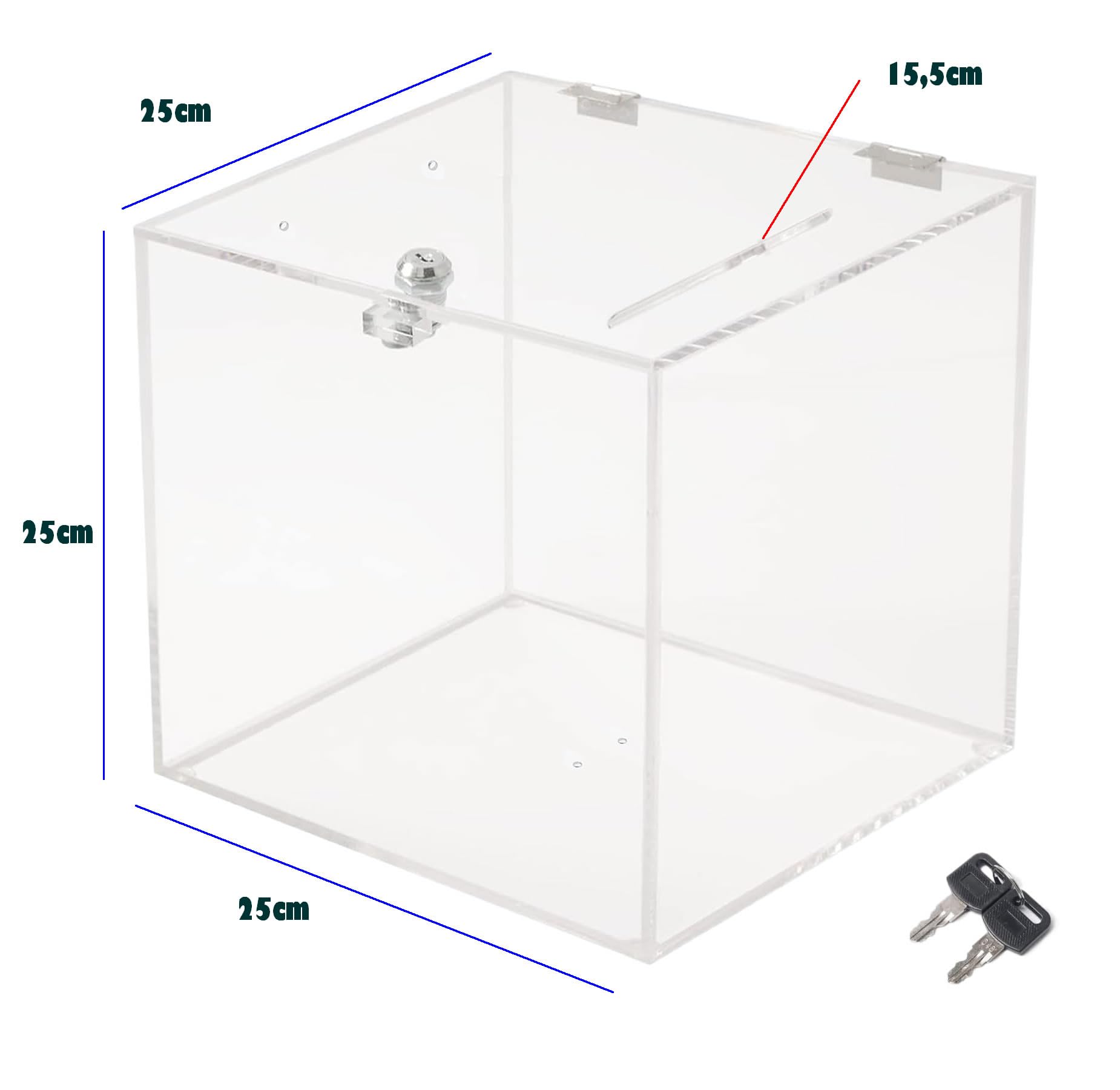 TUKA-i-AKUT Scatola di Donazioni 25x25x25cm, con Serratura, Acrilica Scatola Promozionale, Scatola Della Lotteria, Scatola per Azioni, Urna Elettorale, Cubo in Acrilico, Trasparente TKD8260-25cm