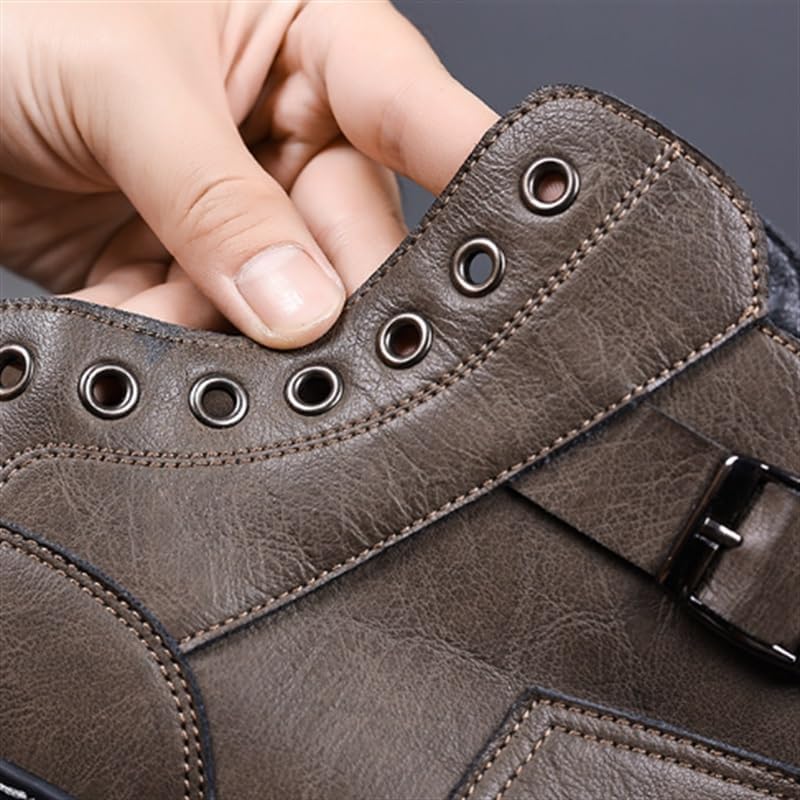 Men's High-Top Leather Boots with Round Toe Lace-Up Design Side Zipper Mesh Lining Trendy Casual Shoes Sturdy Work Shoes Stylish Outdoor Shoes