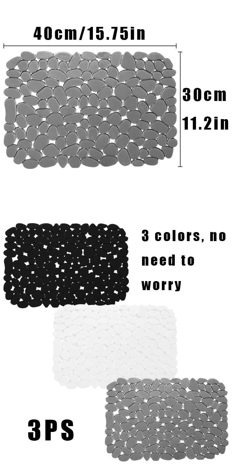 3 Tapis Évier Cuisine PVC 40x30cm - Galets Antidérapants Noir Gris Transparent