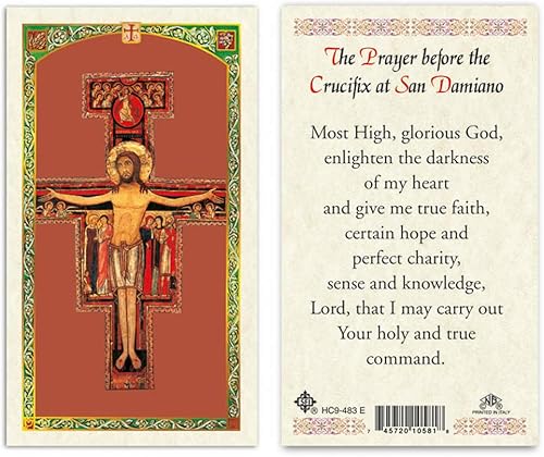 Tarjetas laminadas de oración de la oración ante el crucifijo en San Damiano, paquete de 25