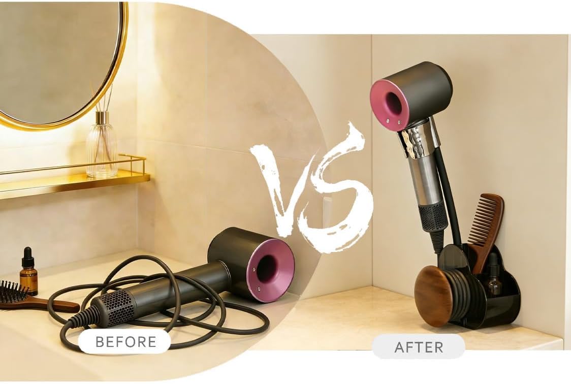 Hair Dryer Stand Hands Free, Wall Mount Hair Dryer Holder No Drilling Required, With Storage Space For Bathroom, Adjustable Curvature And Direction Hair Dryer Cord Neatly Stored