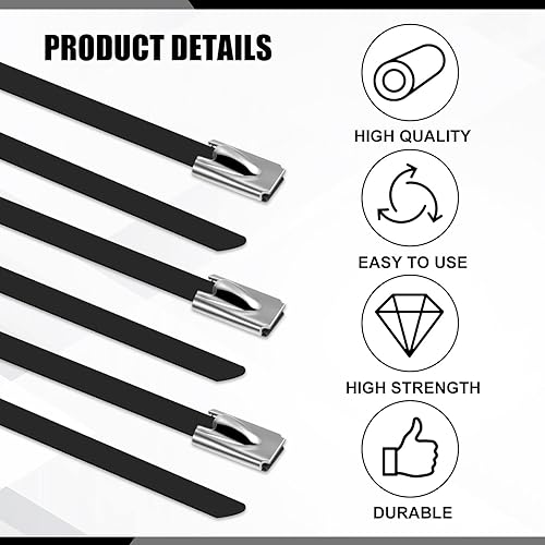 Miniatura 6 de Pelopy 500 bridas de metal de 11.8 pulgadas, color negro, acero inoxidable 304, con revestimiento de epoxi, cable de autobloqueo, multiusos para