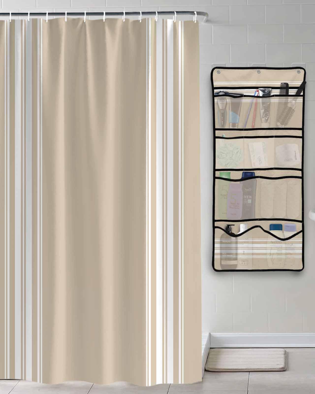 Shower Curtain Mesh Shower Organizer Hanging Set Farmhouse Khaki White Stripe Waterproof Shower Curtains with 10 Pockets Quick