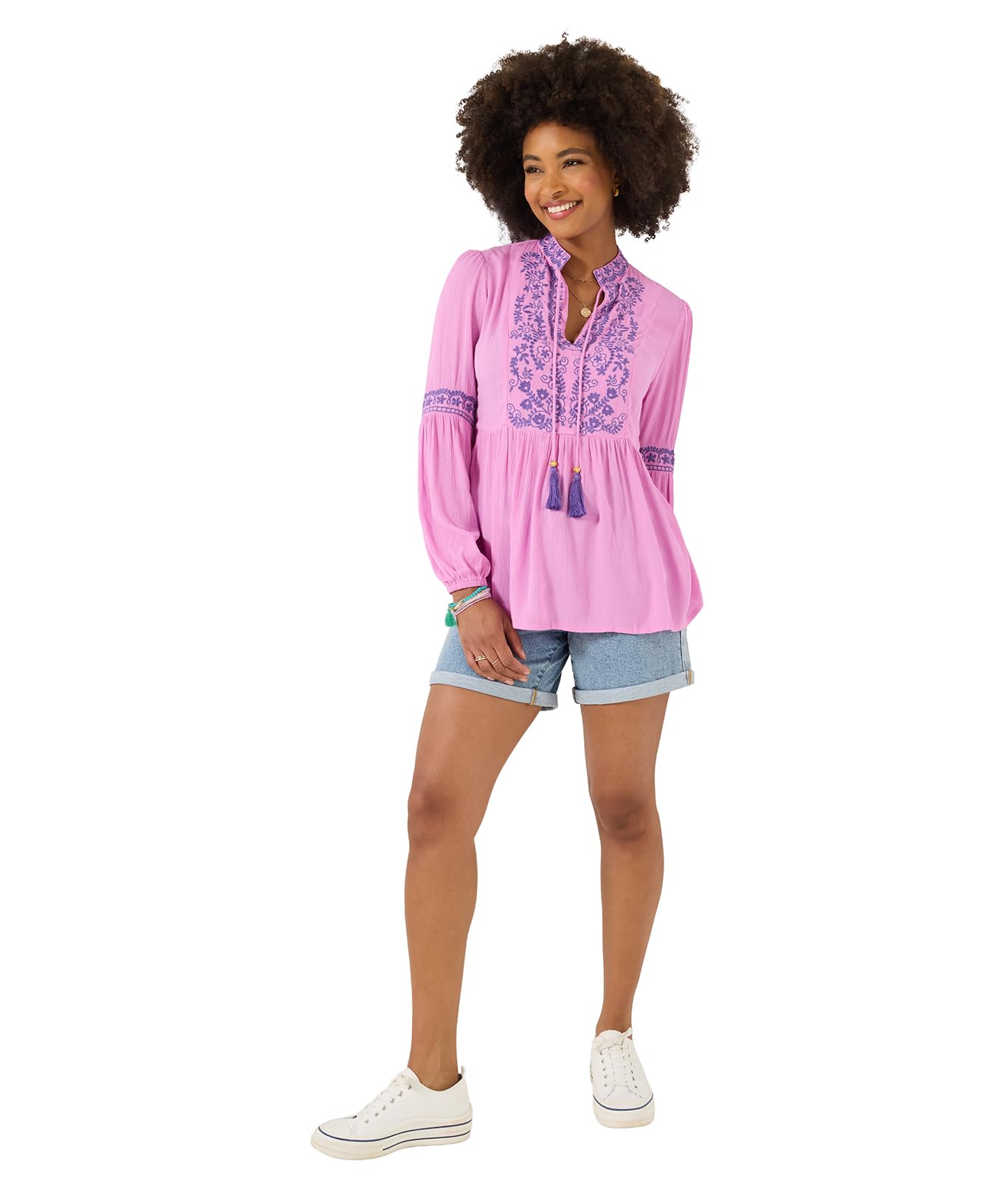 Joe Browns Women's Standout Embroidered Tassel Tie Top, Relaxed, Pink, UK 12