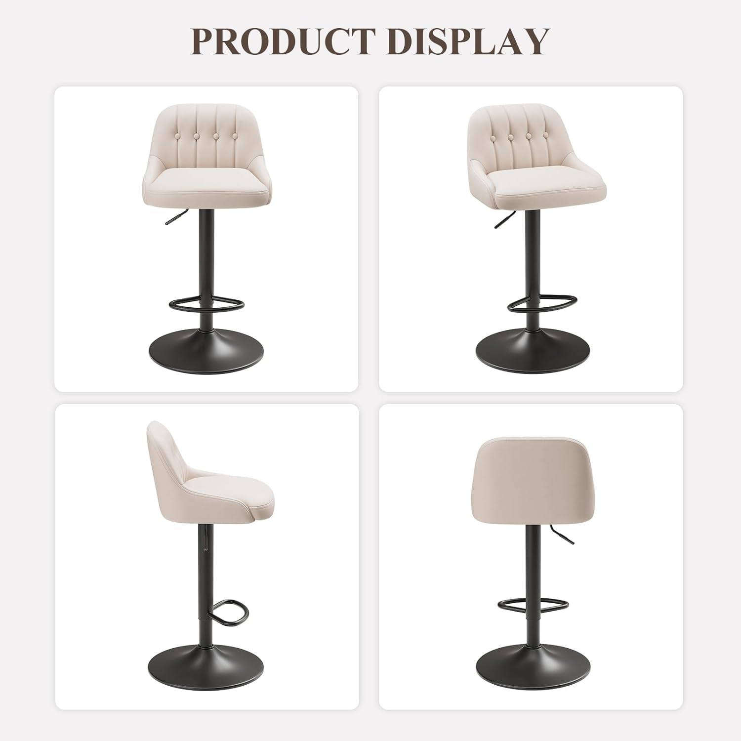 Bar Stools Set of 2, Swivel Bar Chairs, Modern Adjustable PU Leather Upholstered Barstools Counter Height with Tufted Back for Bar, Kitchen Counter Island, Dining Room, Beige