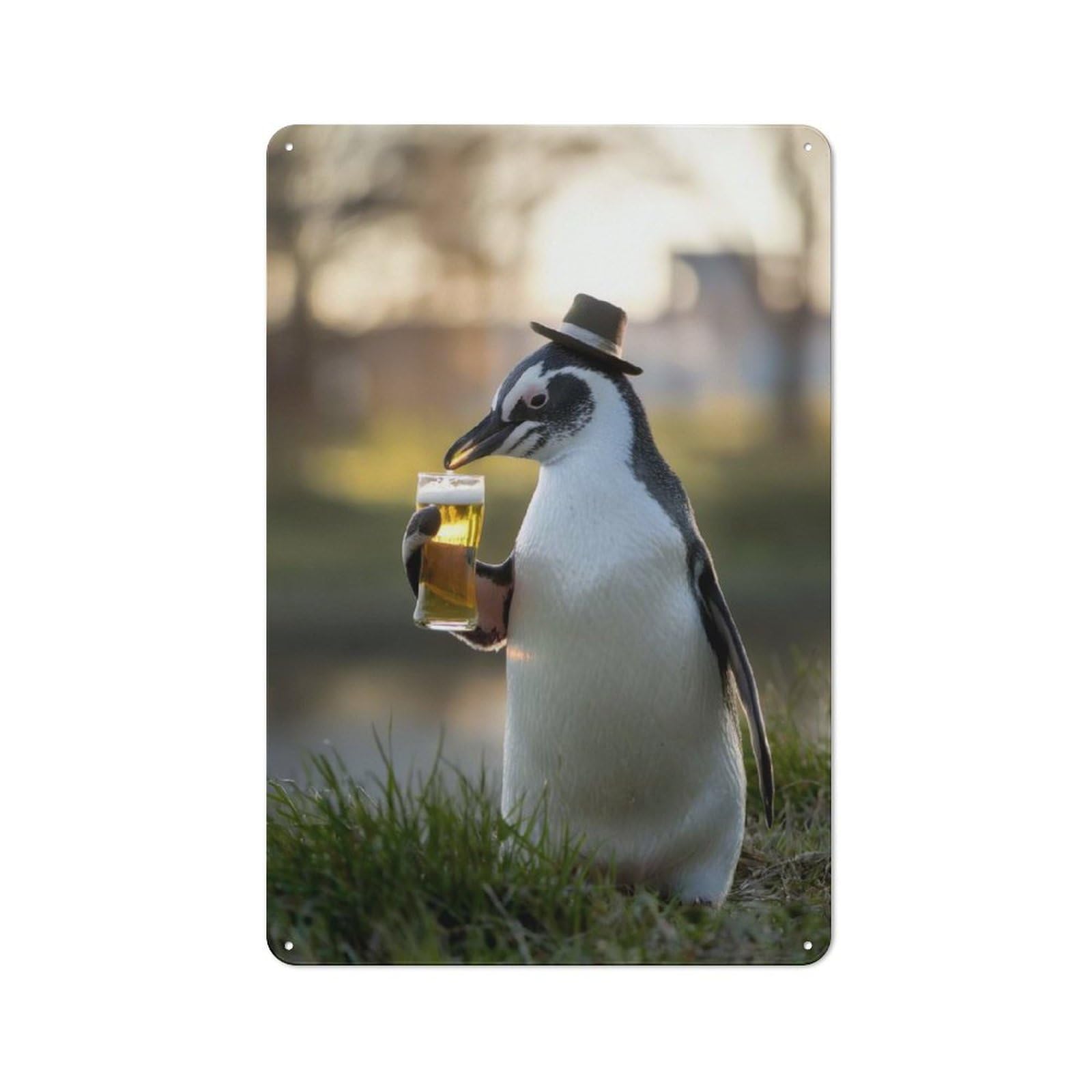 Junmoney Penguin Sipping A Beer Vintage Tin Wall Plaque 30X20cm For Hallway Wall, For Kitchen, Dining Room And Home Bar Wall Decor