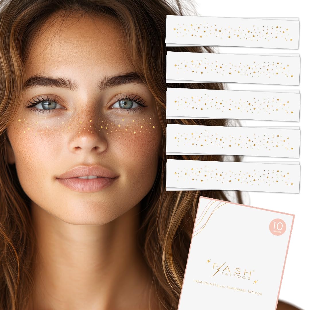SUNKISSED GOLD FRECKLES set of 10 premium festival waterproof temporary metallic jewelry foil face Flash Tattoos, gold freckles, gold tattoo, metallic
