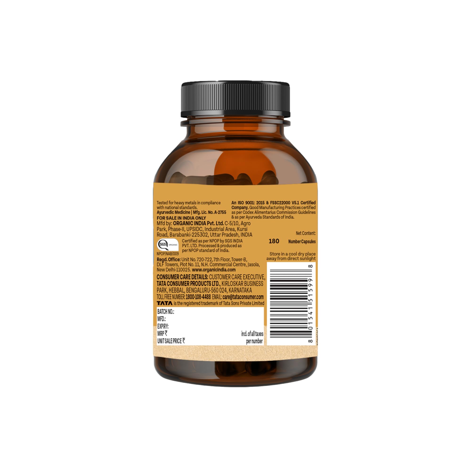 A TATA Product - Organic India Ashwagandha Capsules - 180 Veg Caps, Vitality & Relieves Stress, Naturally Boosts Energy & Stamina, Improves Immune System, GMP & NPOP Certified Organic