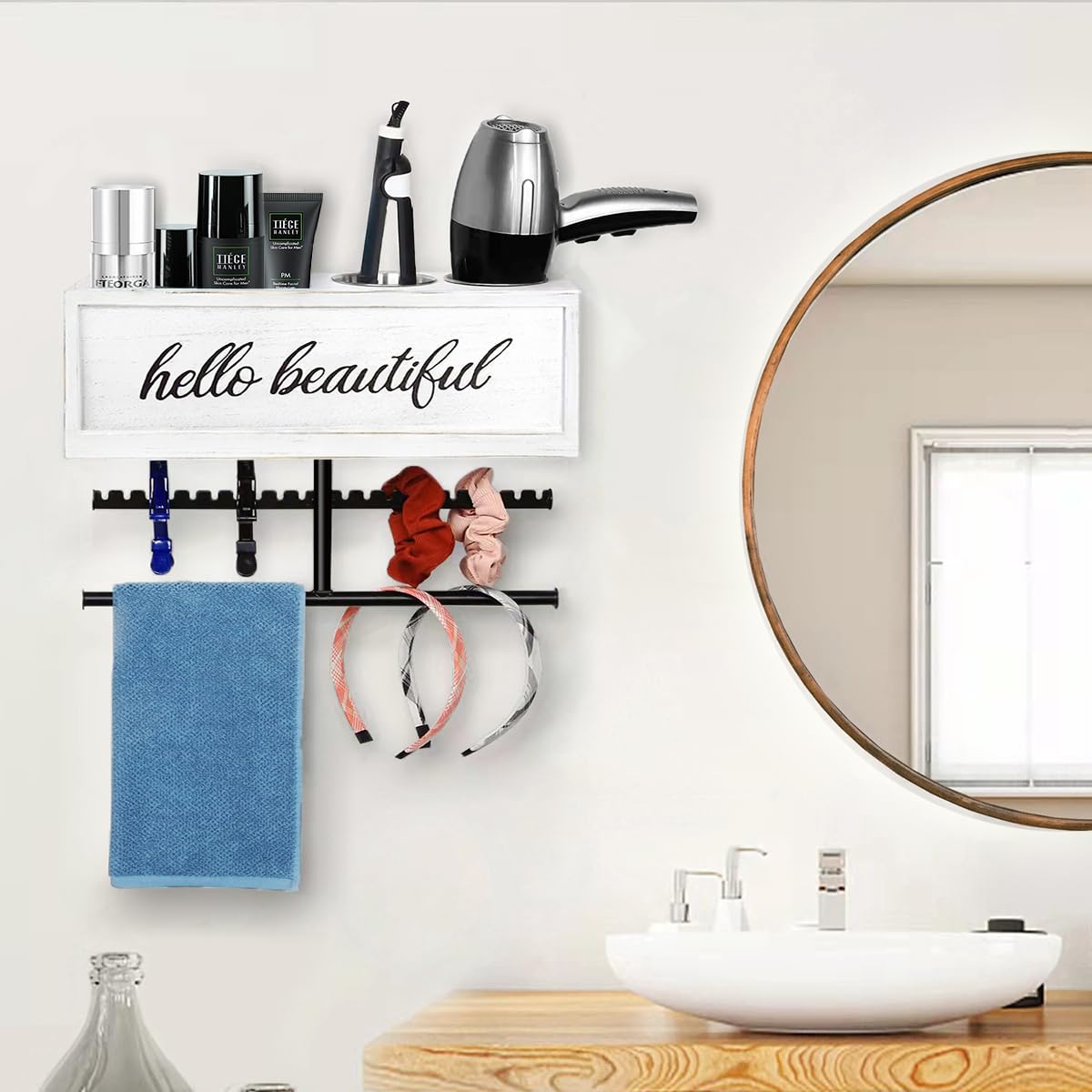 Soporte rústico para secador de pelo montado en la pared, organizador de herramientas y accesorios de peinado, suministros de baño y herramientas calientes, organizador de tocadores, para 3