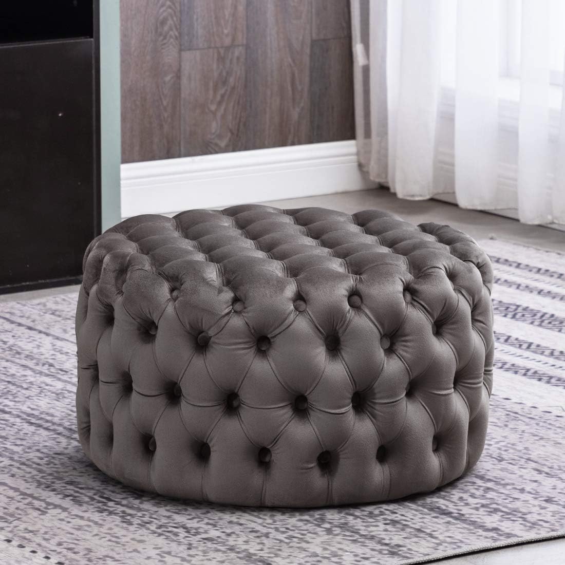 Round Ottoman with Grey Soft Velvet Fabric Classic Button Tufted Design Upscale Glamour and Luxe Looks for Living Room Bedroom Footrest Small Coffee Table